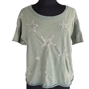 Kyla Seo Comfort Handmade Star Embroidered Short Sleeve Tee Small Top Sage Green